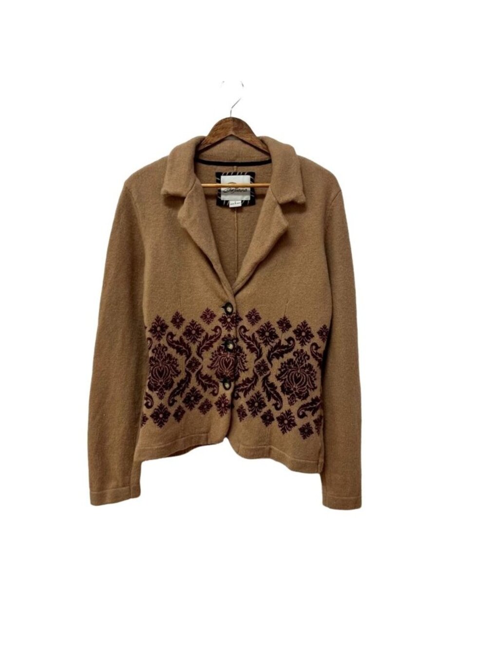 Bob Timberlake Women's Tan Wool Cardigan Sweater With Red Floral Pattern sz Smal
